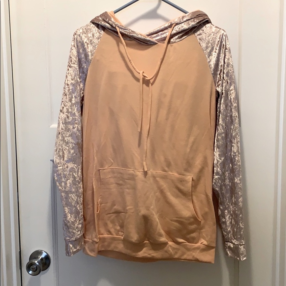 Hooded sweatshirt with velour sleeves
